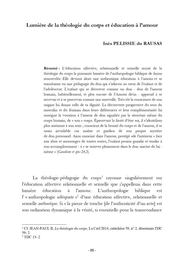 Lumière de la théologie du corps et éducation à l’amour