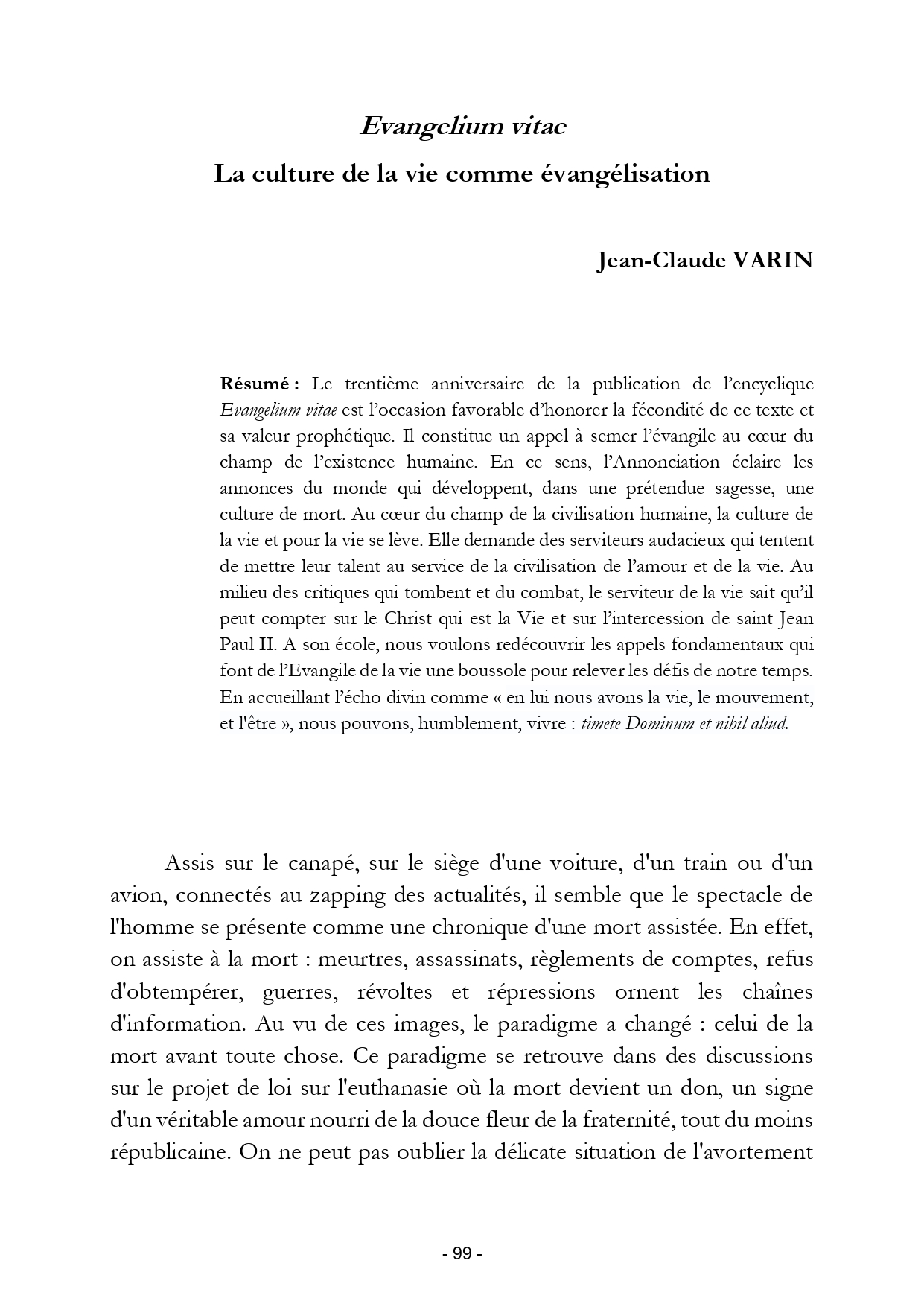 La valeur prophétique de l'encyclique Evangelium vitae